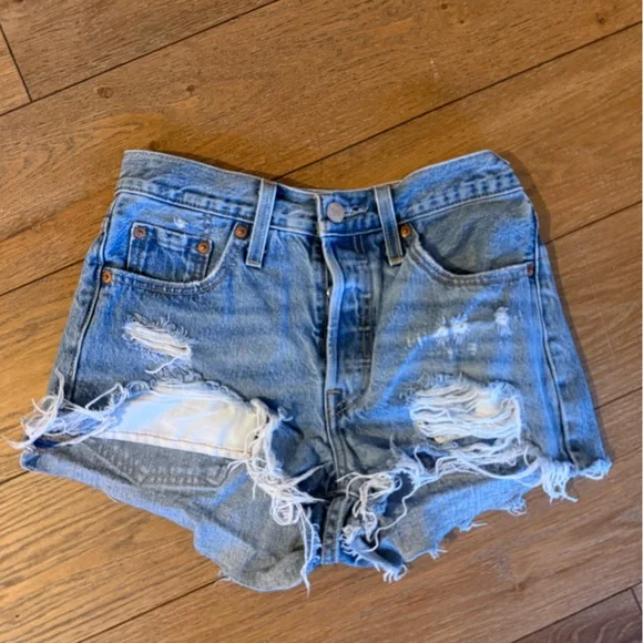 Levi Classic Distressed Blue Denim Jean Shorts - Women's - Picture 1 of 4